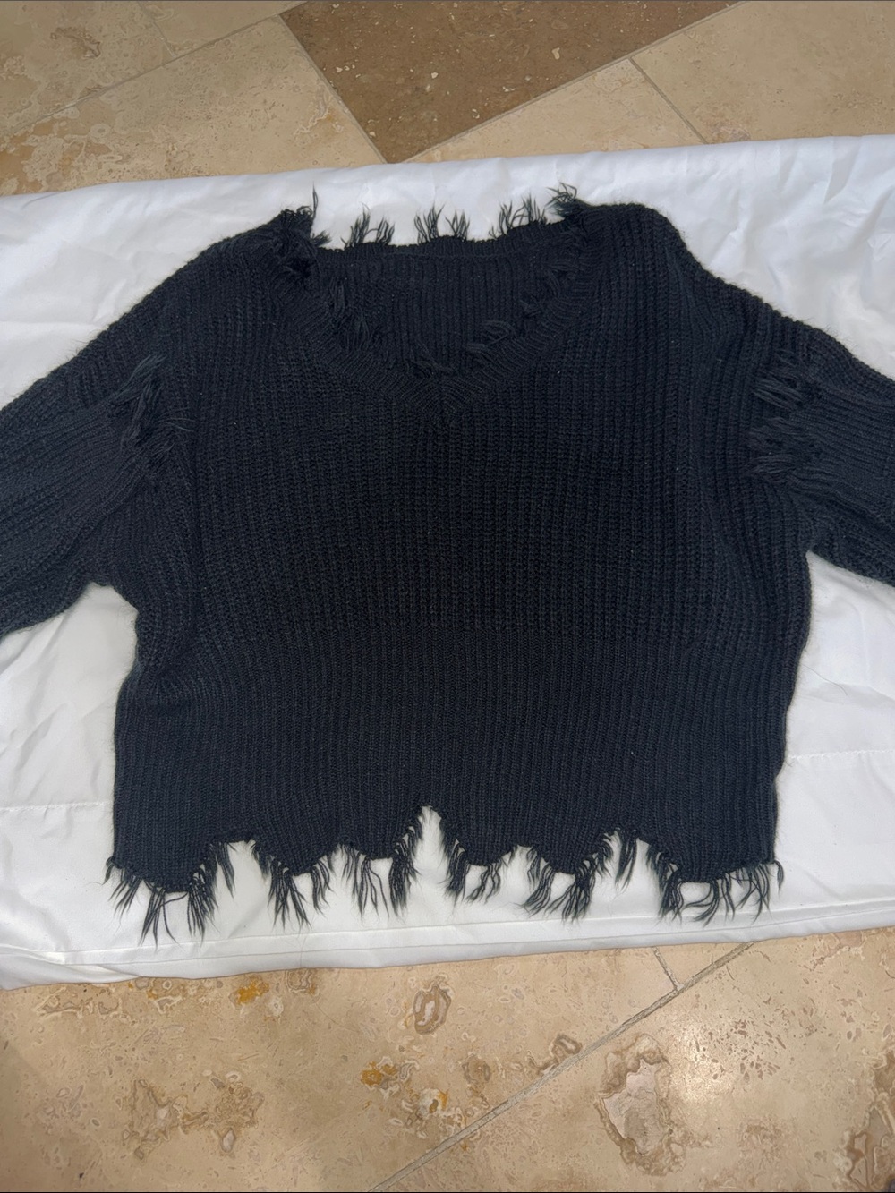 Black Distressed V-Neck Women's Sweater
